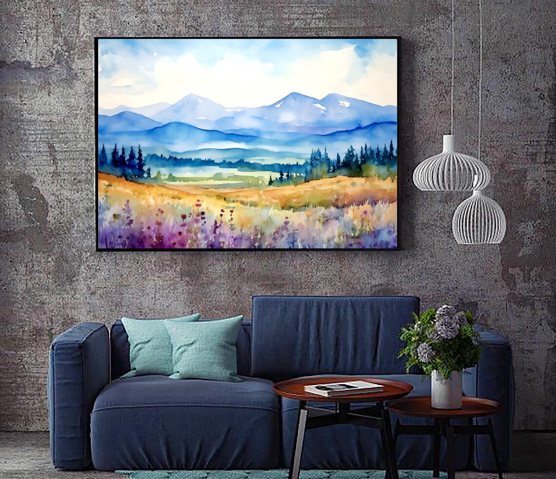 Blue Mountain Valley Watercolor Art Print, Panoramic Retro Landscape - Image 4