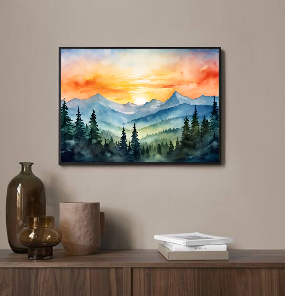 Rocky Mountain Sunrise Misty Pine Forest Peaks Watercolor Poster - Image 3