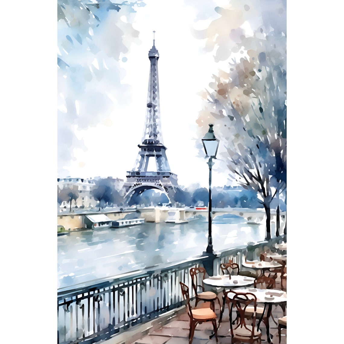 Eiffel Tower Paris Cafe Terrace Watercolor Travel Cityscape Art Poster