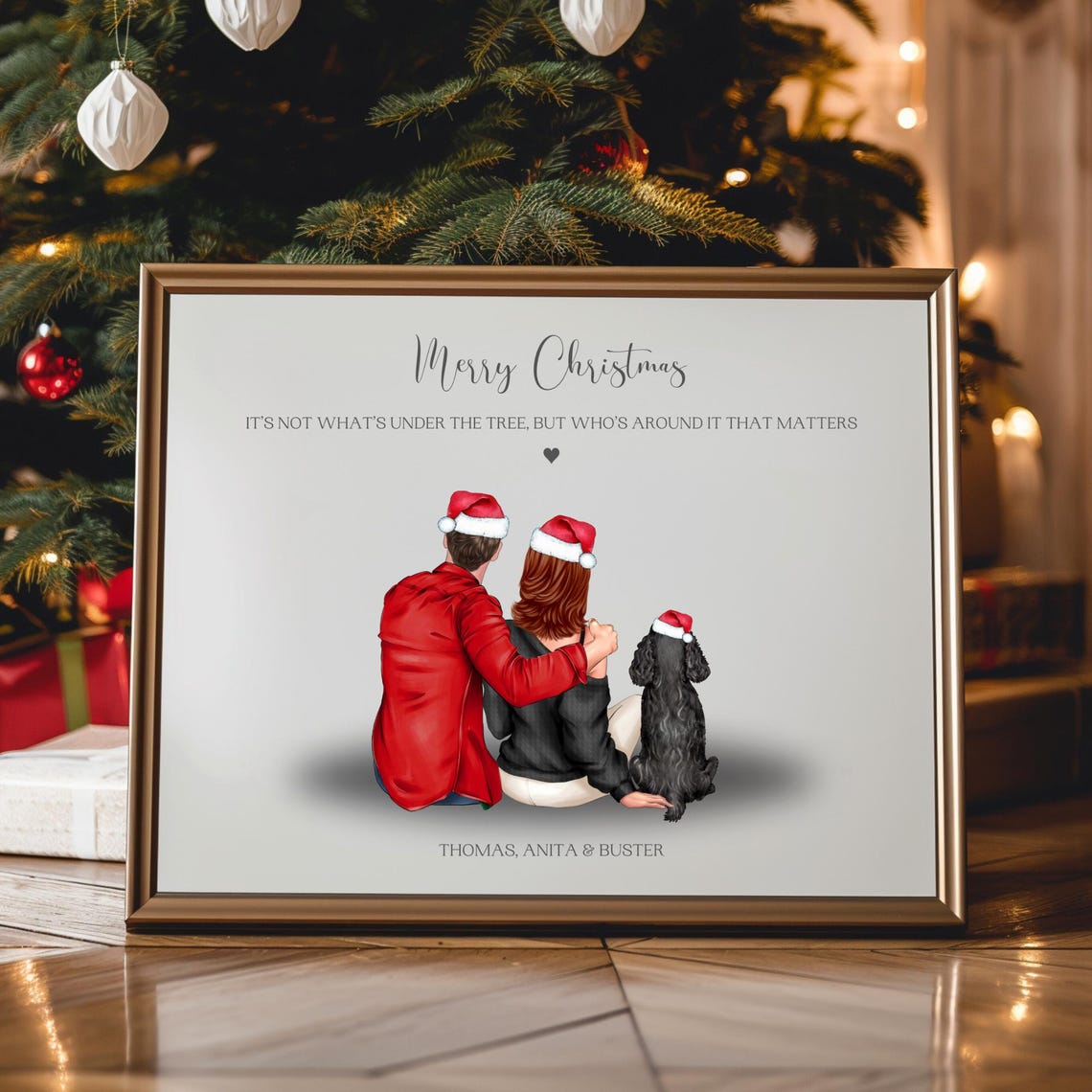 Merry Christmas Around The Tree Couple With Dog Quote Poster