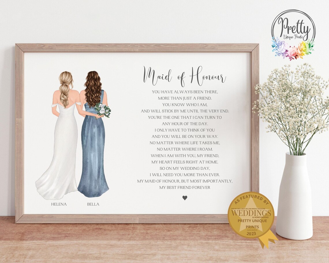 Maid of Honour Wedding Day Thank You Poem Bridal Keepsake Print