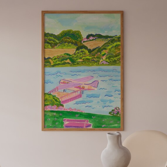 Colorful Mountain Landscape Art Print, Pink Plane