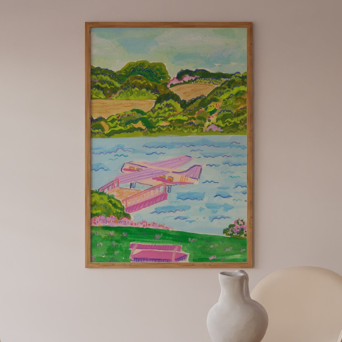 Colorful Mountain Landscape Art Print, Pink Plane