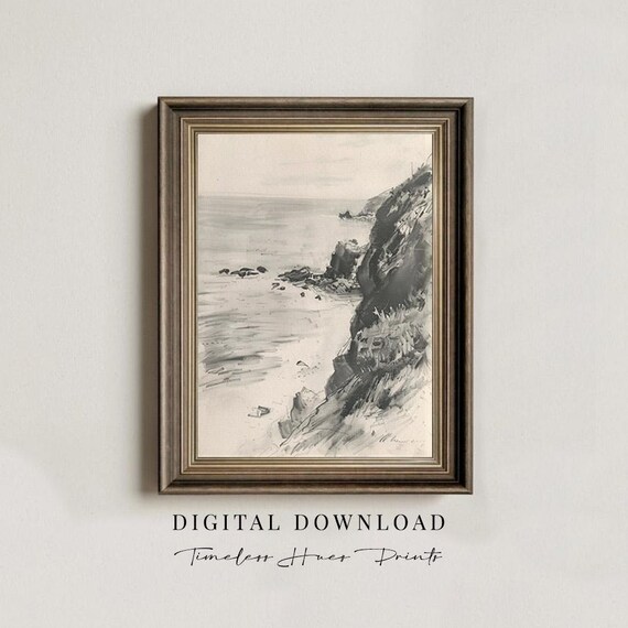 Moody Black And White Rocky Coast Sketch Antique Style Wall Art