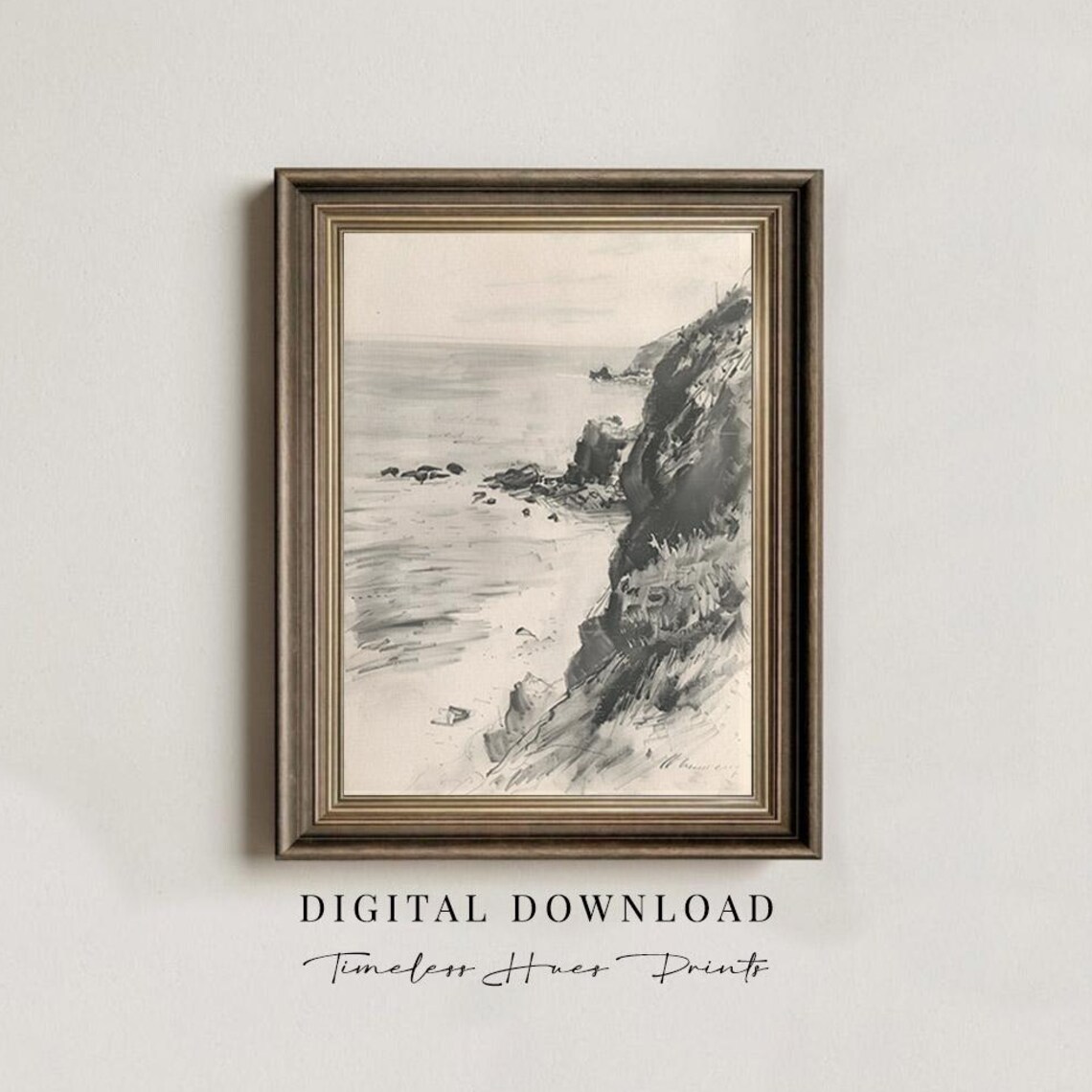 Moody Black And White Rocky Coast Sketch Antique Style Wall Art