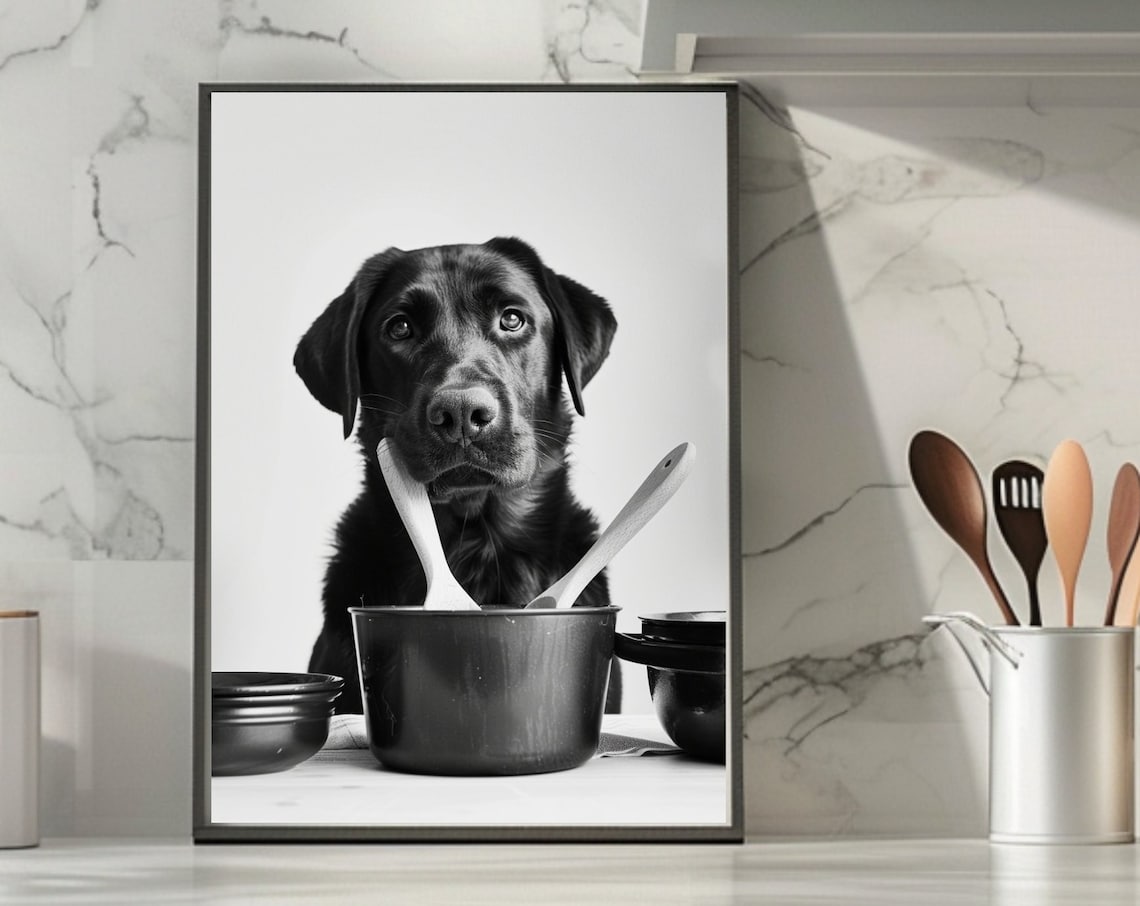 Black Labrador Dog Chef With a Cooking Pot in the Kitchen Poster