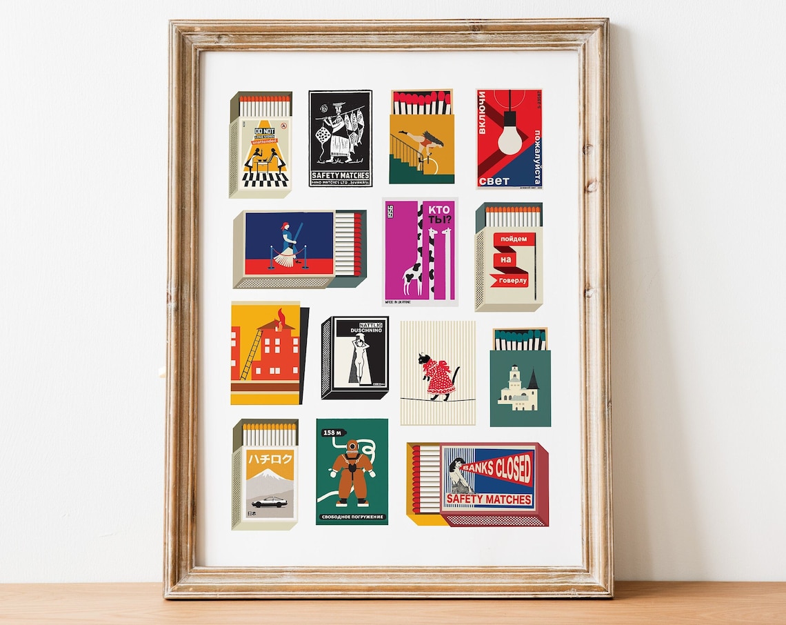 Vintage Matchbox Label Art Collection Retro Illustration Wall Art - Image 3