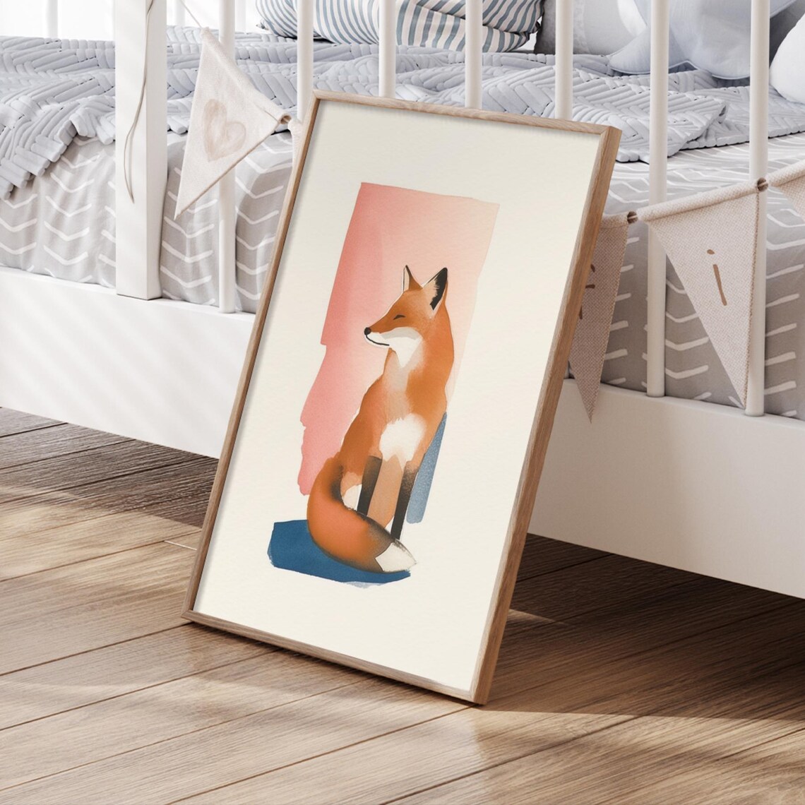 Serene Watercolor Fox Sitting Sweet Woodland Nursery Animal Poster