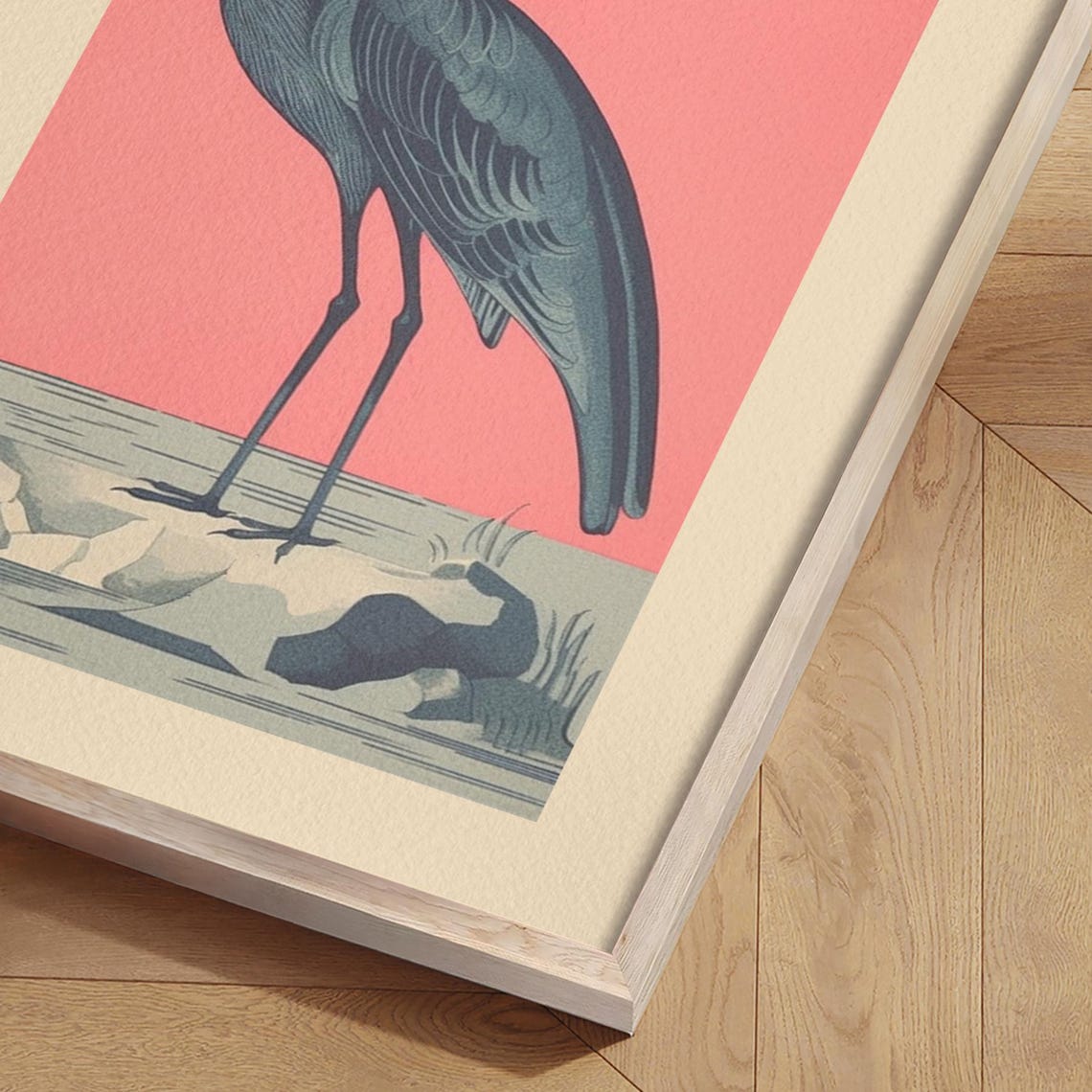 Graceful Blue Heron Standing on Blush Pink Vintage Bird Poster - Image 2