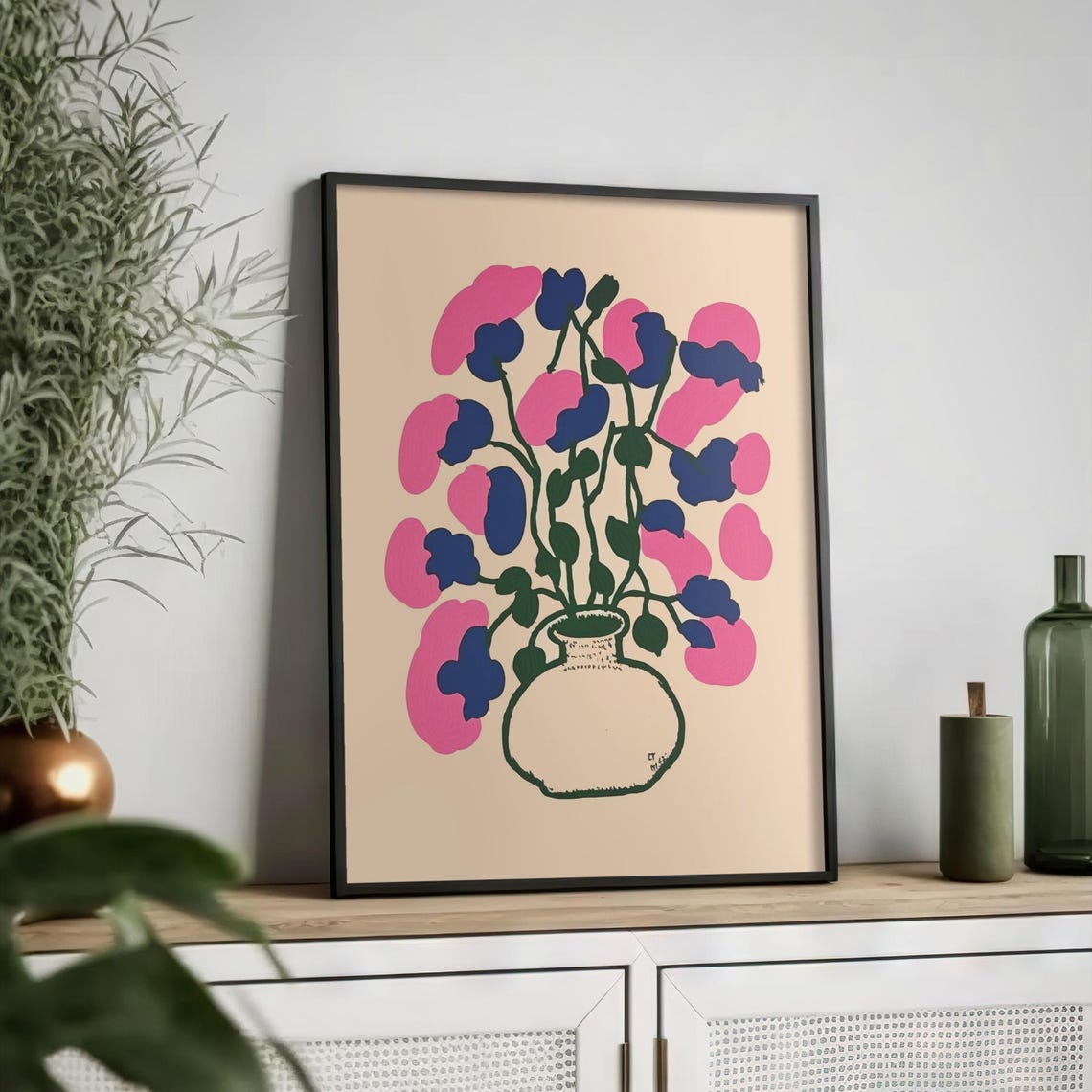 Bold Pink and Blue Wildflowers in Vase Abstract Floral Poster