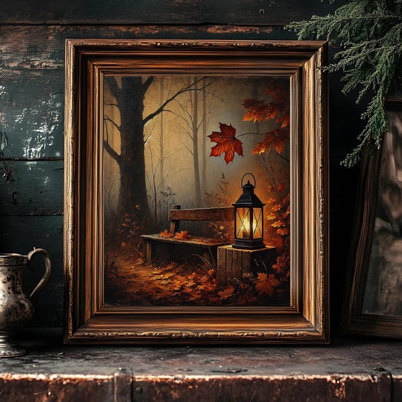 Moody Autumn Nature Wall Art Bench And Fall Leaves Dark Academia Cozy Decor Landscape Print Foliage