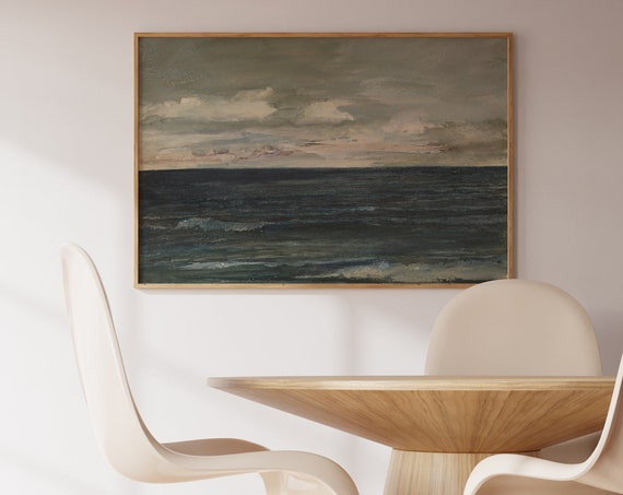 Vintage Seascape Wall Art Poster Coastal Oil Painting Moody Gray Blue Ocean Antique Art Gallery Wall Art P02