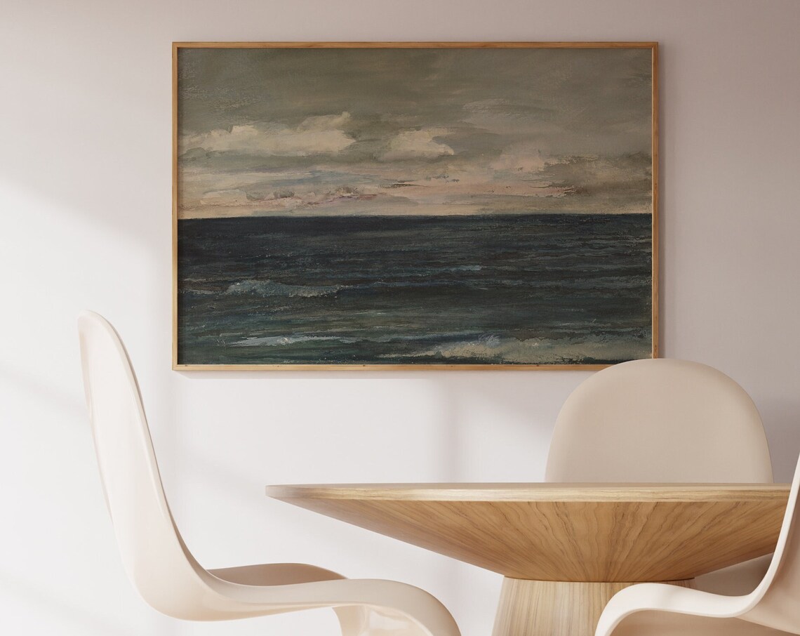 Moody Dark Blue Ocean Seascape Vintage Oil Painting Style Gray Sky Poster