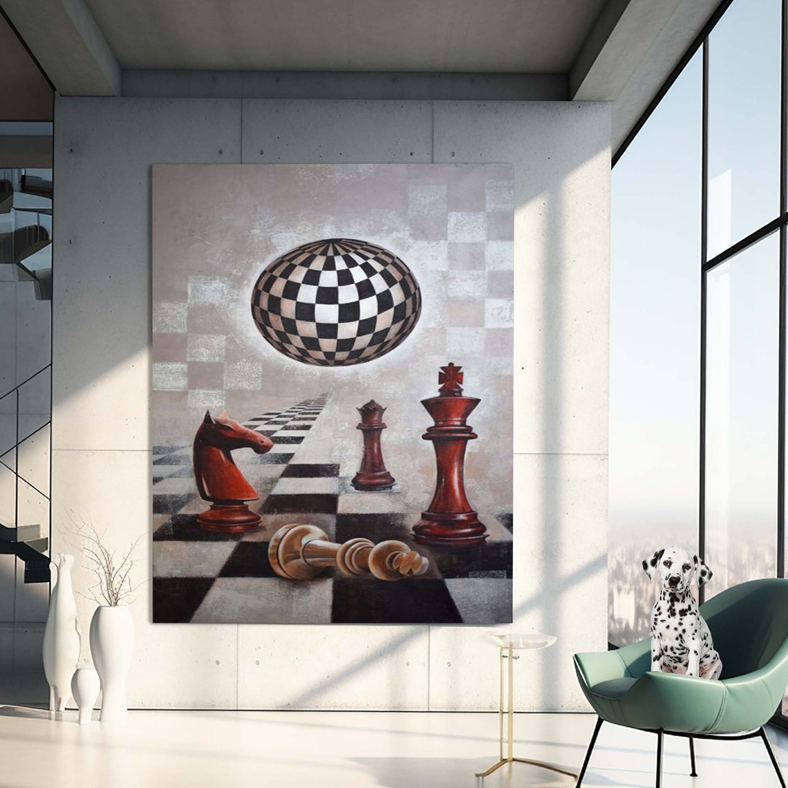 Surreal Chess Pieces Floating Checkered Ball 3D Board Wall Art - Image 2