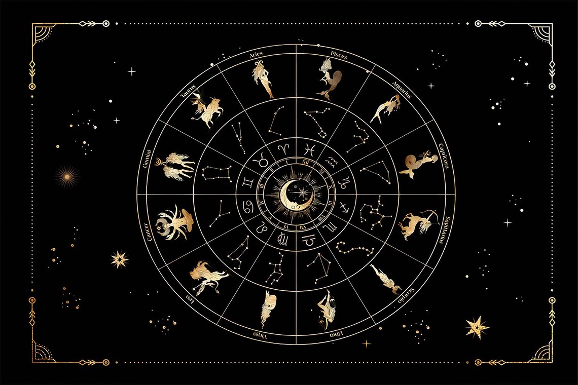 Gold Zodiac Wheel Constellation Figures Black Horoscope Tapestry Poster - Image 3