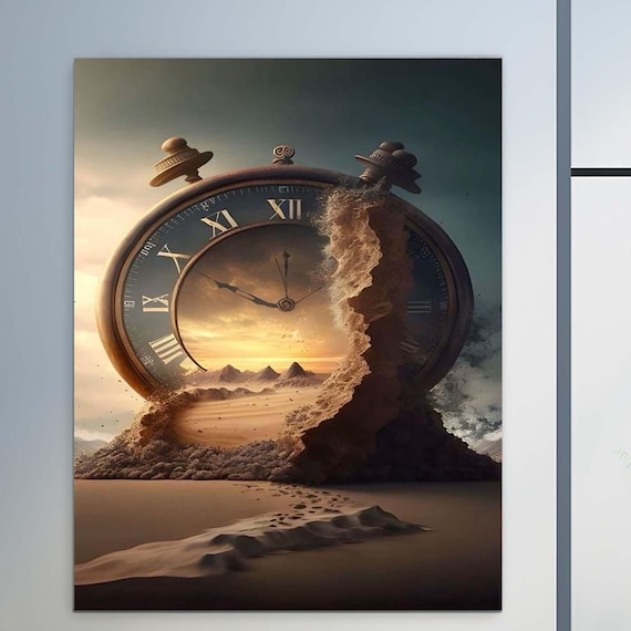 Giant Melting Alarm Clock In Desert Sunset Surreal Roman Numeral Wall Art