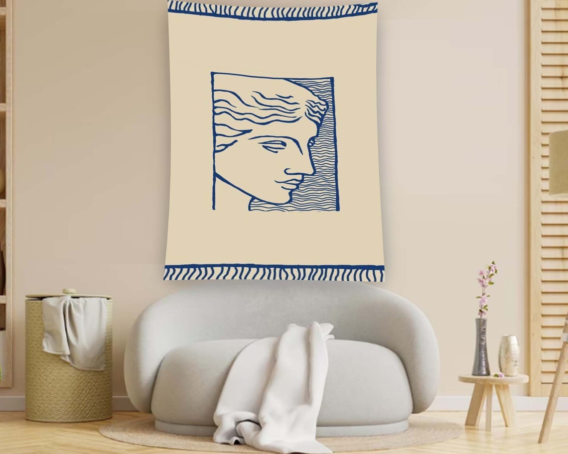 Greek Woman Profile Blue Line Art Classical Sculpture Cream Wall Art