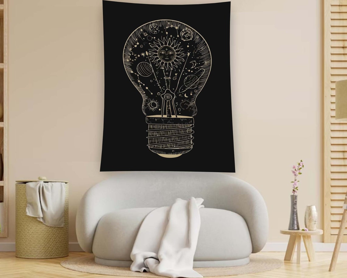 Celestial Lightbulb Sun Moon Stars Black Line Art Tapestry Poster