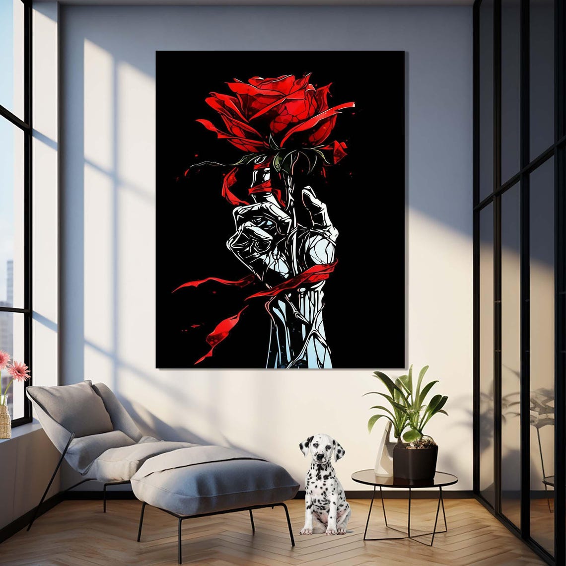 Red Rose Held By Metallic Robotic Hand On Black Gothic Wall Art