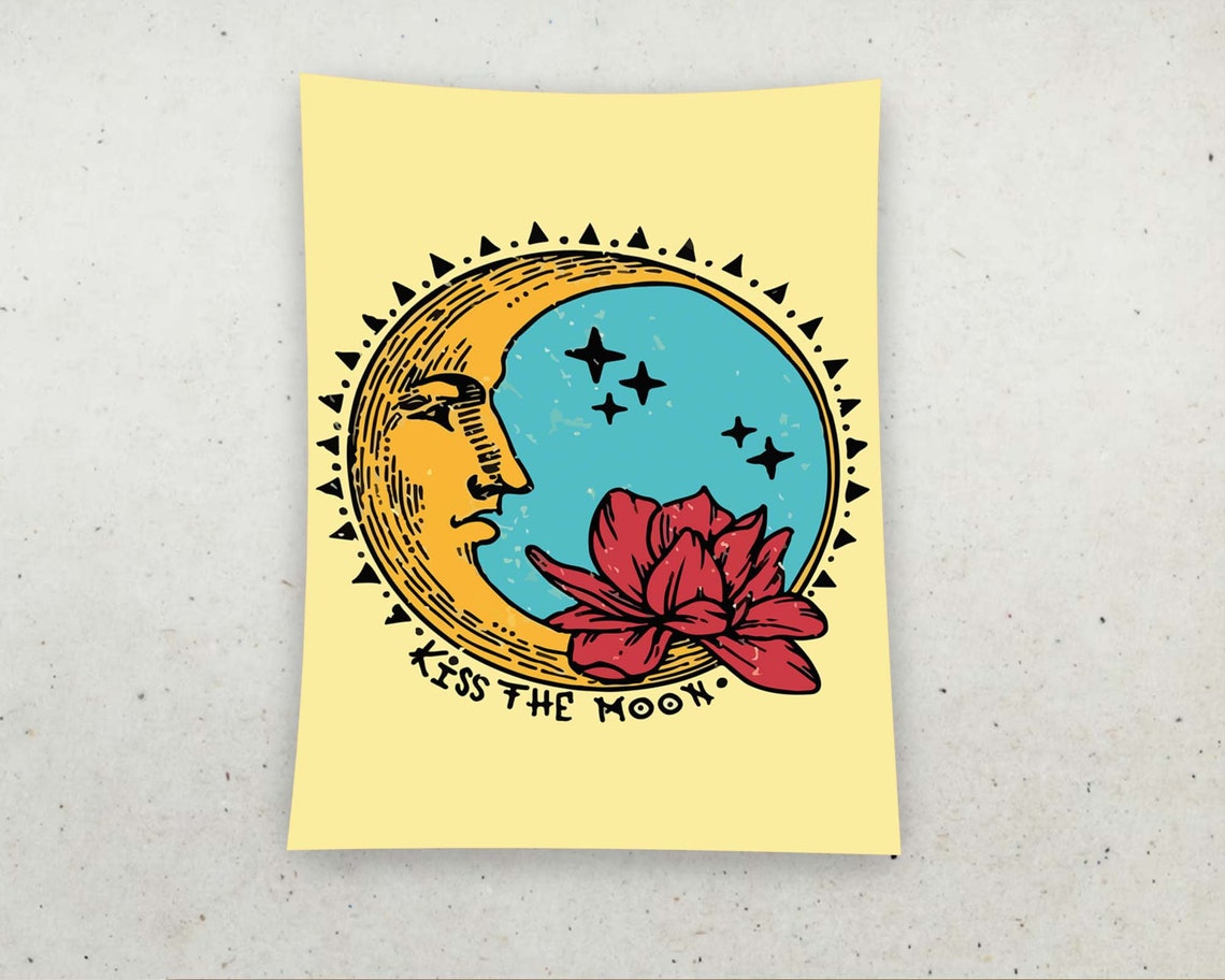 Kiss The Moon Vintage Crescent Moon Face Flower Yellow Tapestry Poster