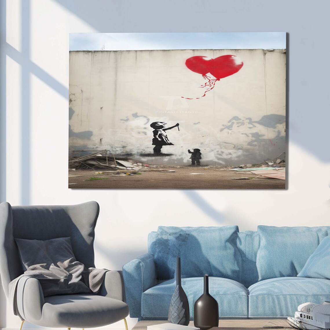 Girl with Red Heart Balloon Street Art Stencil Graffiti Wall Art - Image 3