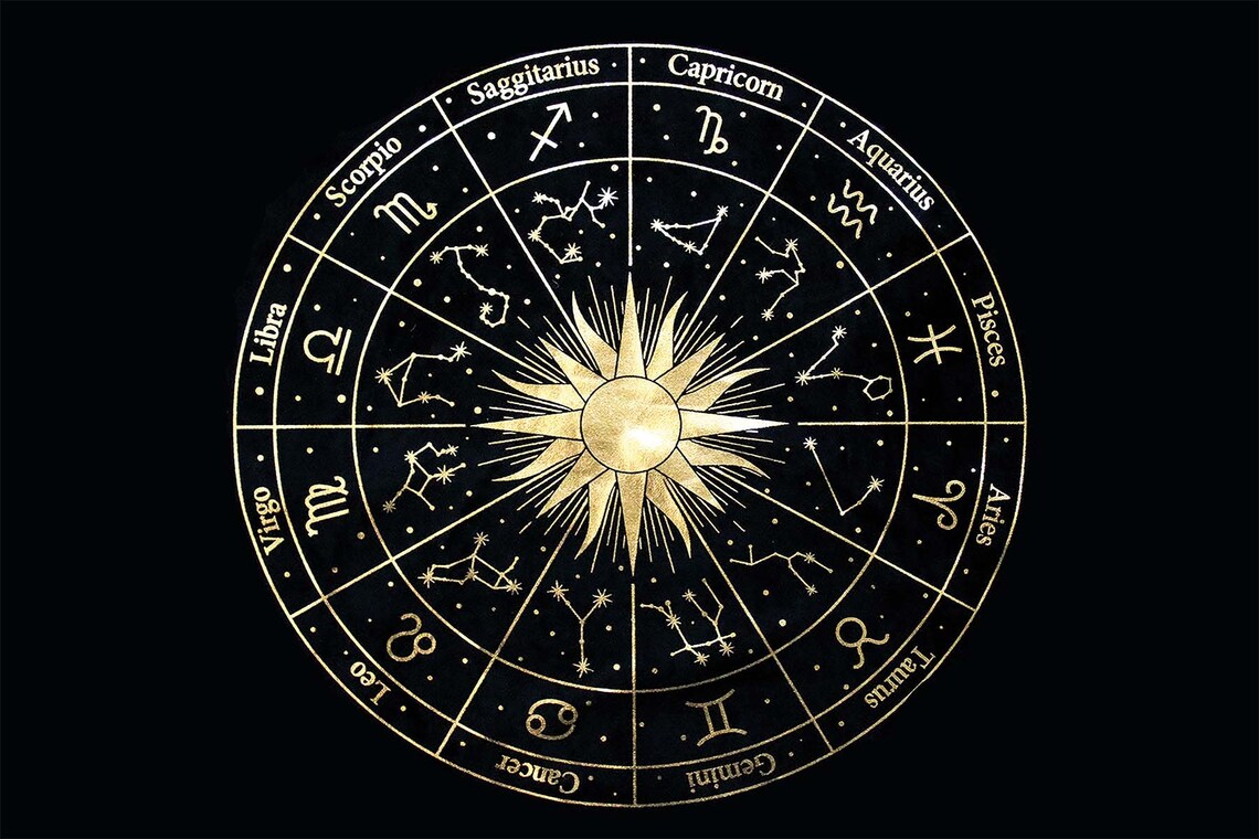 Gold Zodiac Wheel Constellation Horoscope Black Astrology Tapestry Poster - Image 3
