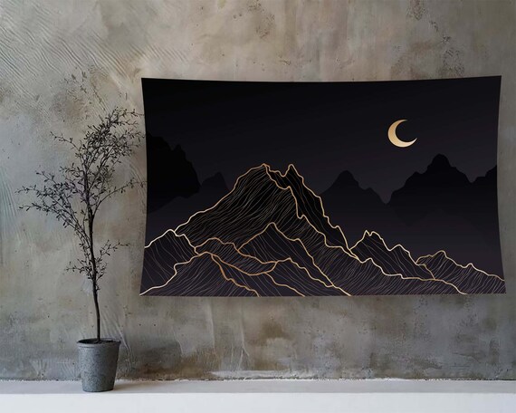 Black Gold Mountain Line Art Crescent Moon Night Sky Tapestry Poster