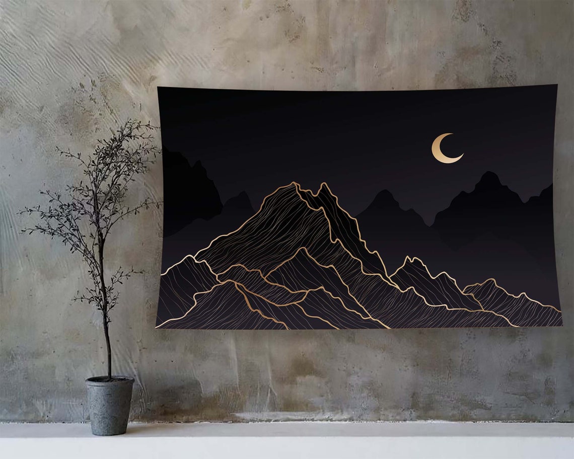 Black Gold Mountain Line Art Crescent Moon Night Sky Tapestry Poster