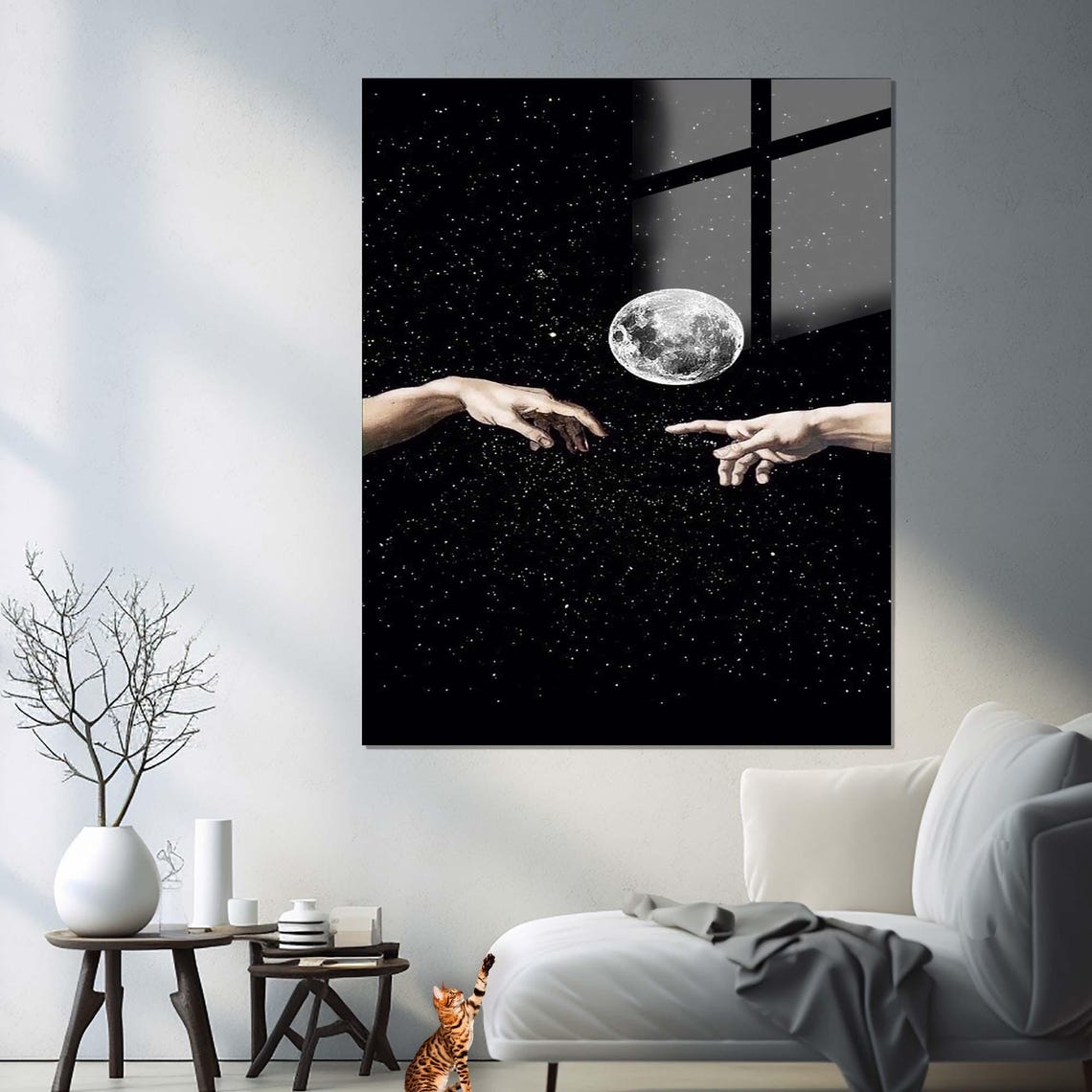 Creation Of Adam Style Hands Reaching Under Full Moon Starry Wall Art
