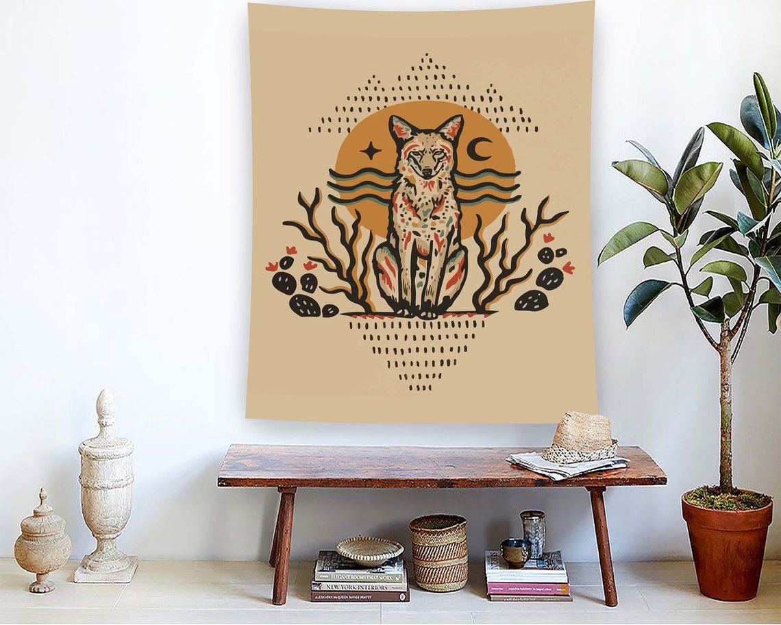 Desert Coyote Boho Folk Art Sun Moon Cactus Southwest Style Poster