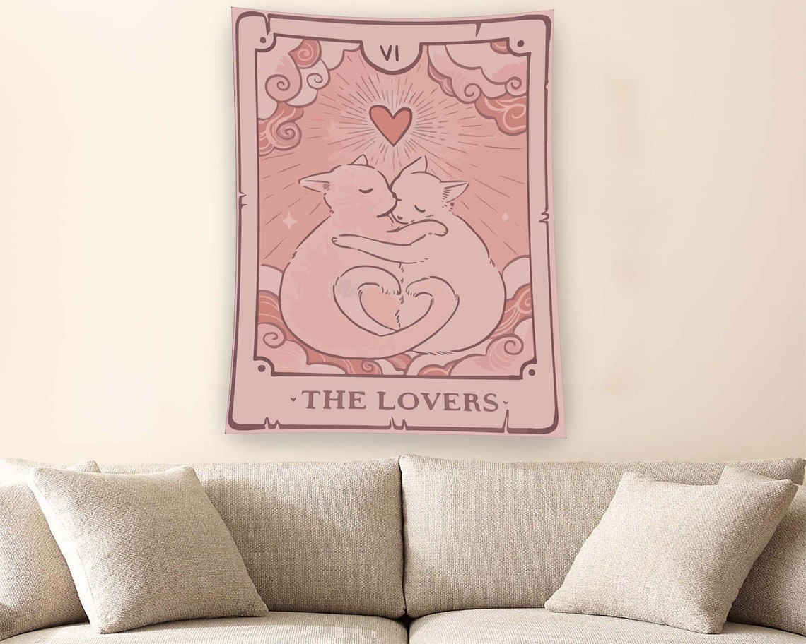 The Lovers Cat Tarot Two Hugging Cats Pink Tapestry Wall Art - Image 2