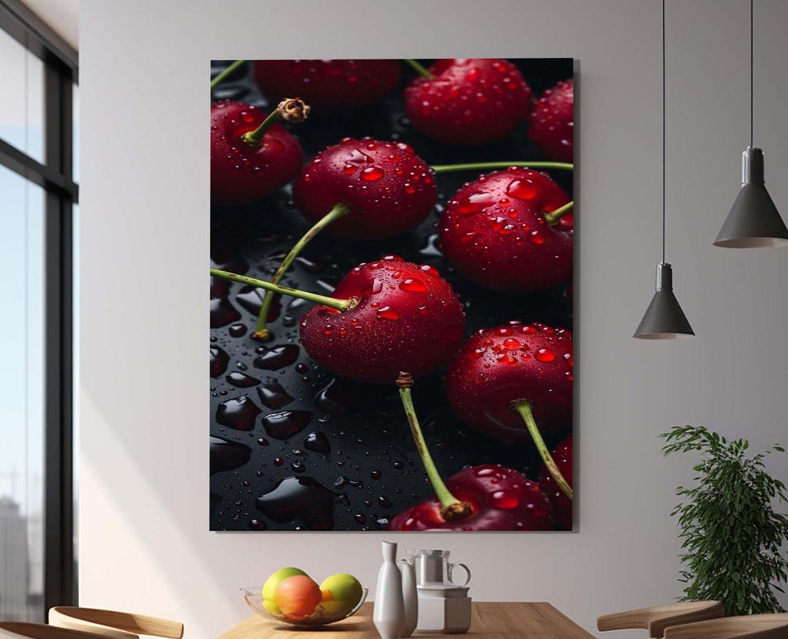 Fresh Red Cherries Water Drops Dark Food Photography Kitchen Wall Art