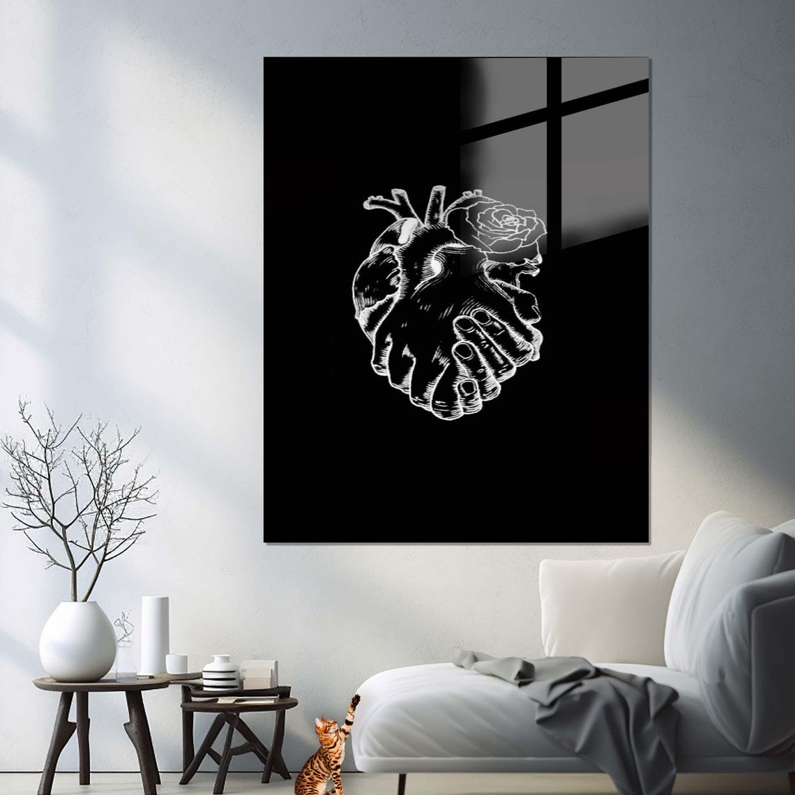 Two Hands Holding Anatomical Heart With Rose Black White Line Wall Art - Image 3