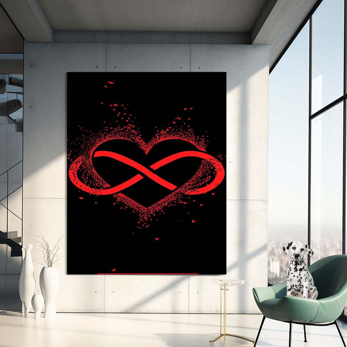 Red Infinity Symbol Inside Heart Of Particles On Black Love Wall Art