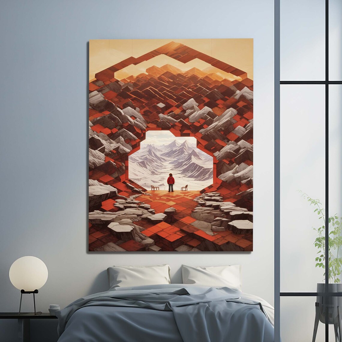 Surreal Red Rock Mountain Arch Portal Snowy Peaks Lone Hiker Poster - Image 2