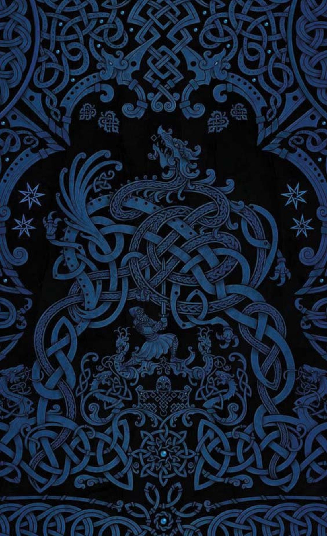 Viking Dragon Celtic Knotwork Blue Tribal Tapestry Wall Art Decor - Image 3