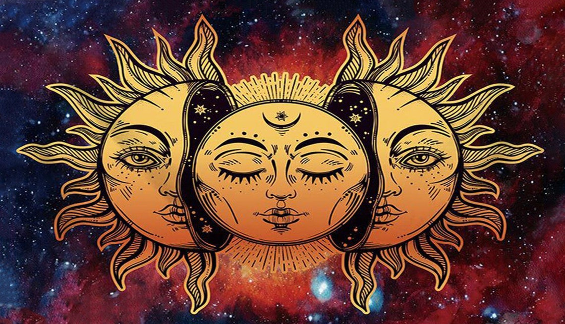Psychedelic Triple Sun Faces Galaxy Cosmic Bohemian Mystic Art Poster - Image 3