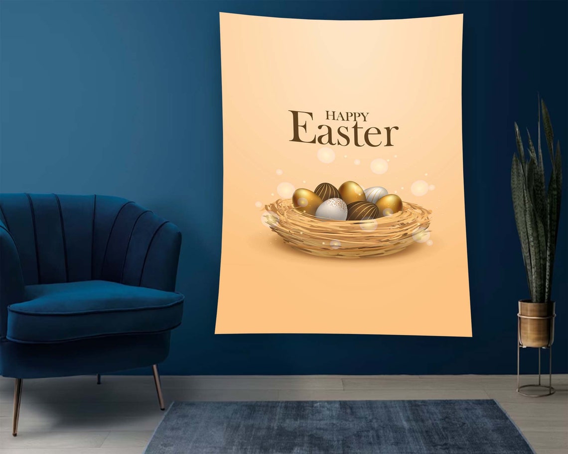 Happy Easter Gold Eggs Nest Peach Elegant Spring Decor Tapestry Poster
