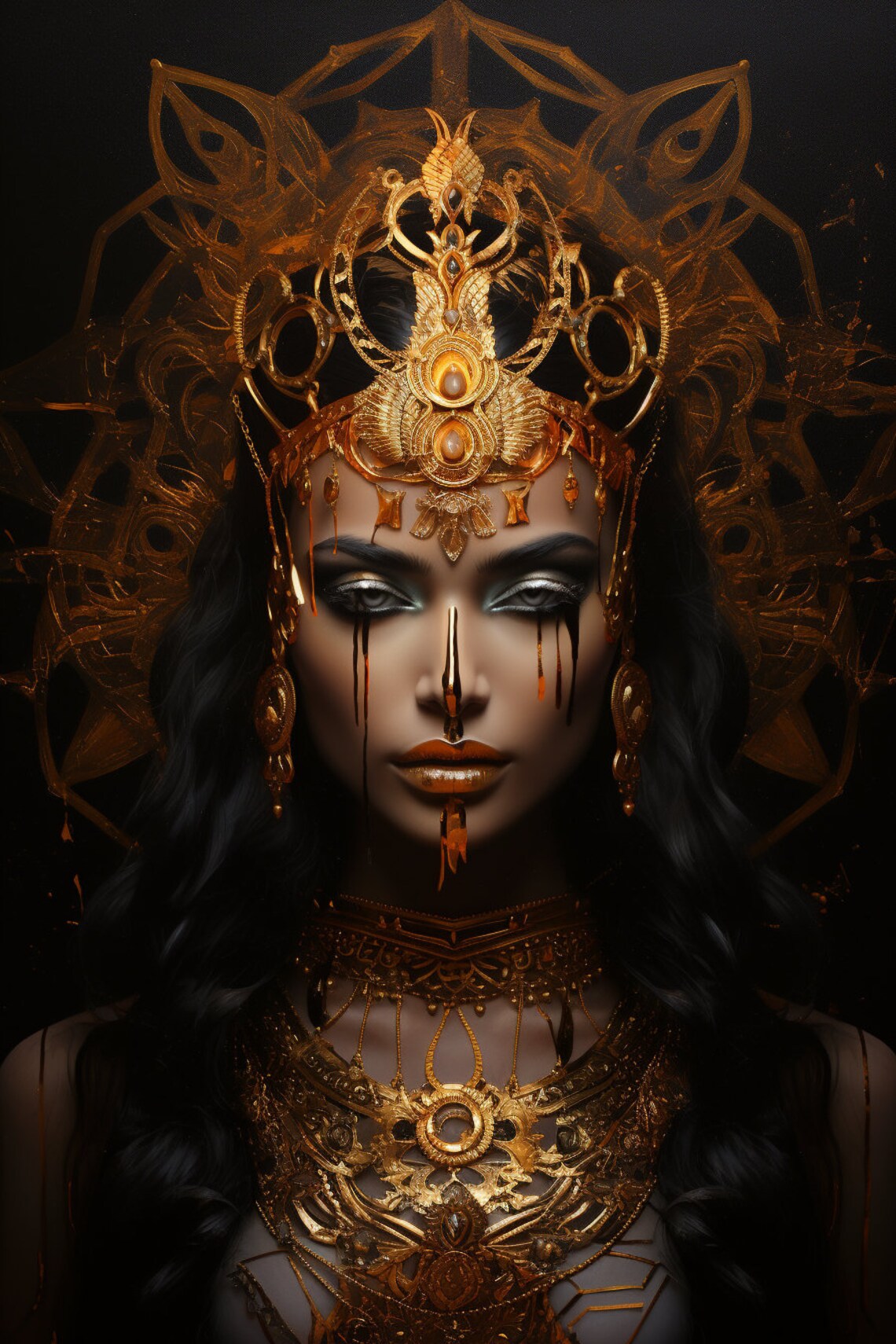 Golden Indian Queen Crown Portrait Dark Regal Goddess Wall Art - Image 3