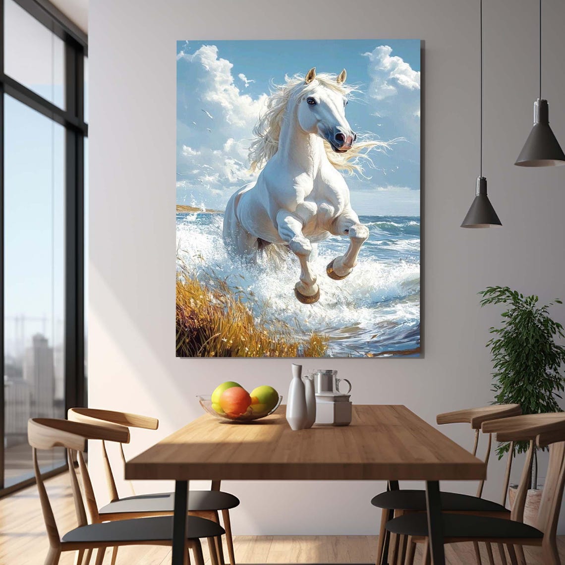 White Horse Rearing Over Ocean Waves Dramatic Sea Splash Wall Art - Image 3