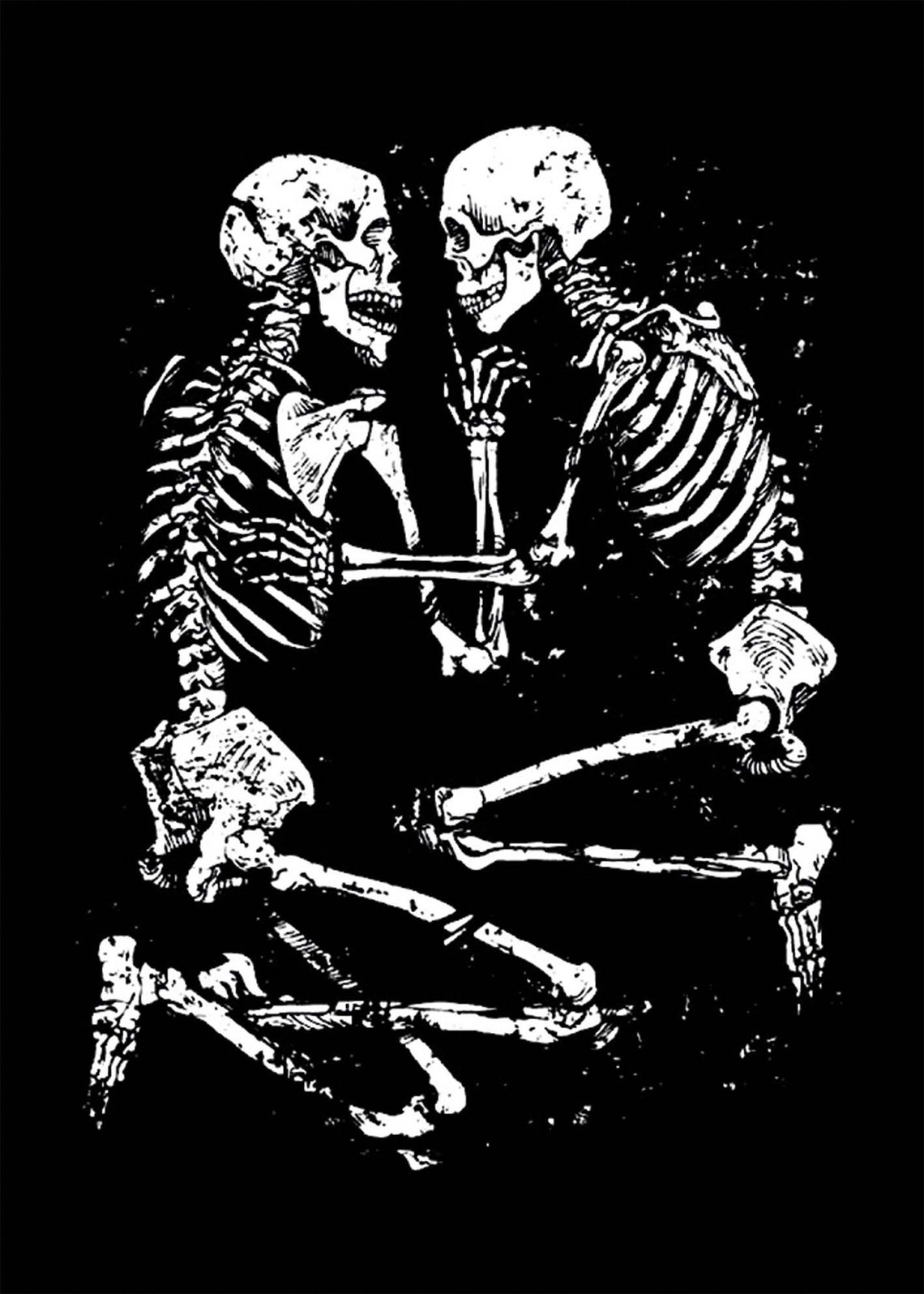 Black Skeleton Lovers Embrace Grunge White Ink Tapestry Wall Art - Image 3