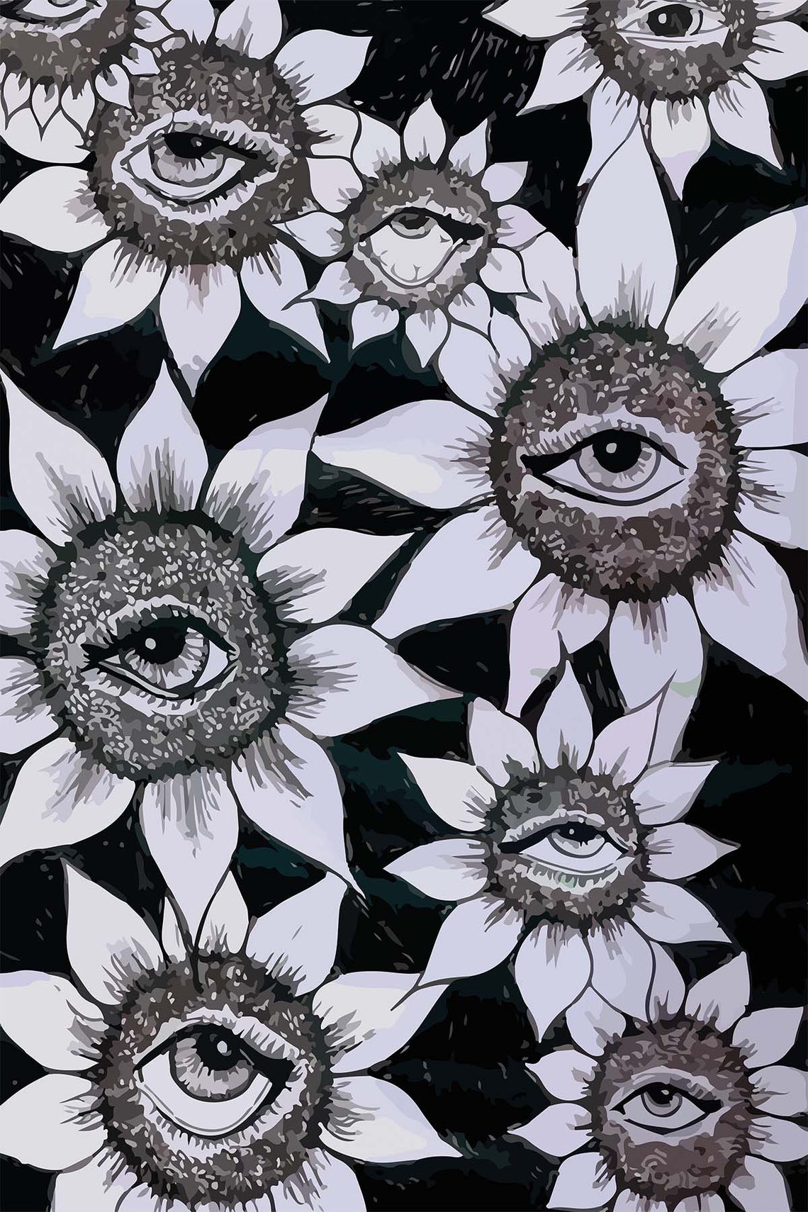 Gothic Sunflower Eyes Black White Surreal Occult Floral Poster - Image 3