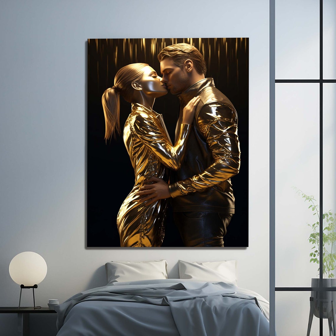 Golden Couple Embrace Kiss Liquid Gold Romantic Love Wall Art