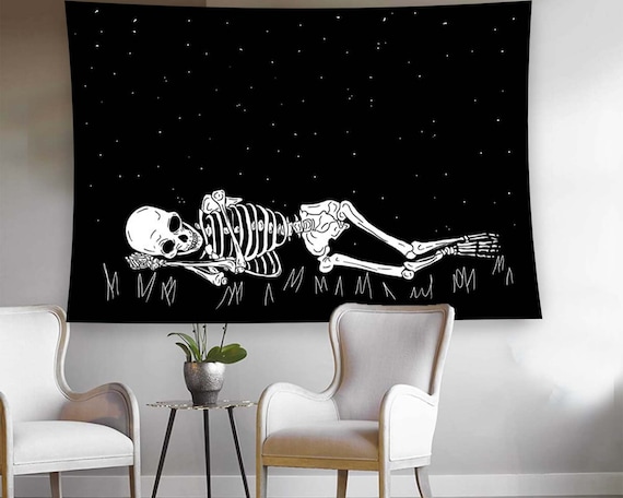 Black Skeleton Resting Starry Night Sky Minimalist Tapestry Wall Art