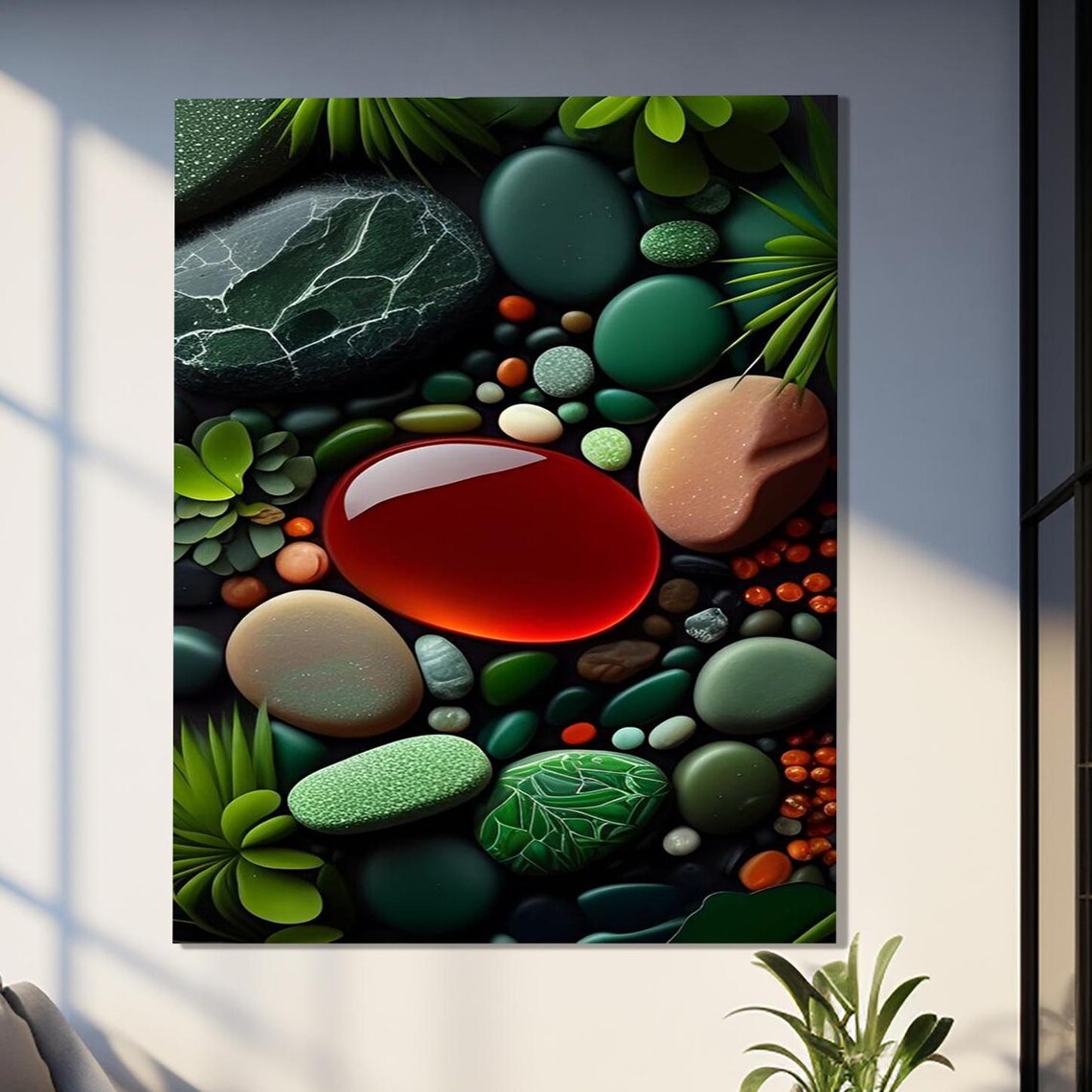 Colorful Polished Stones Green Leaves Abstract Zen Gallery Poster