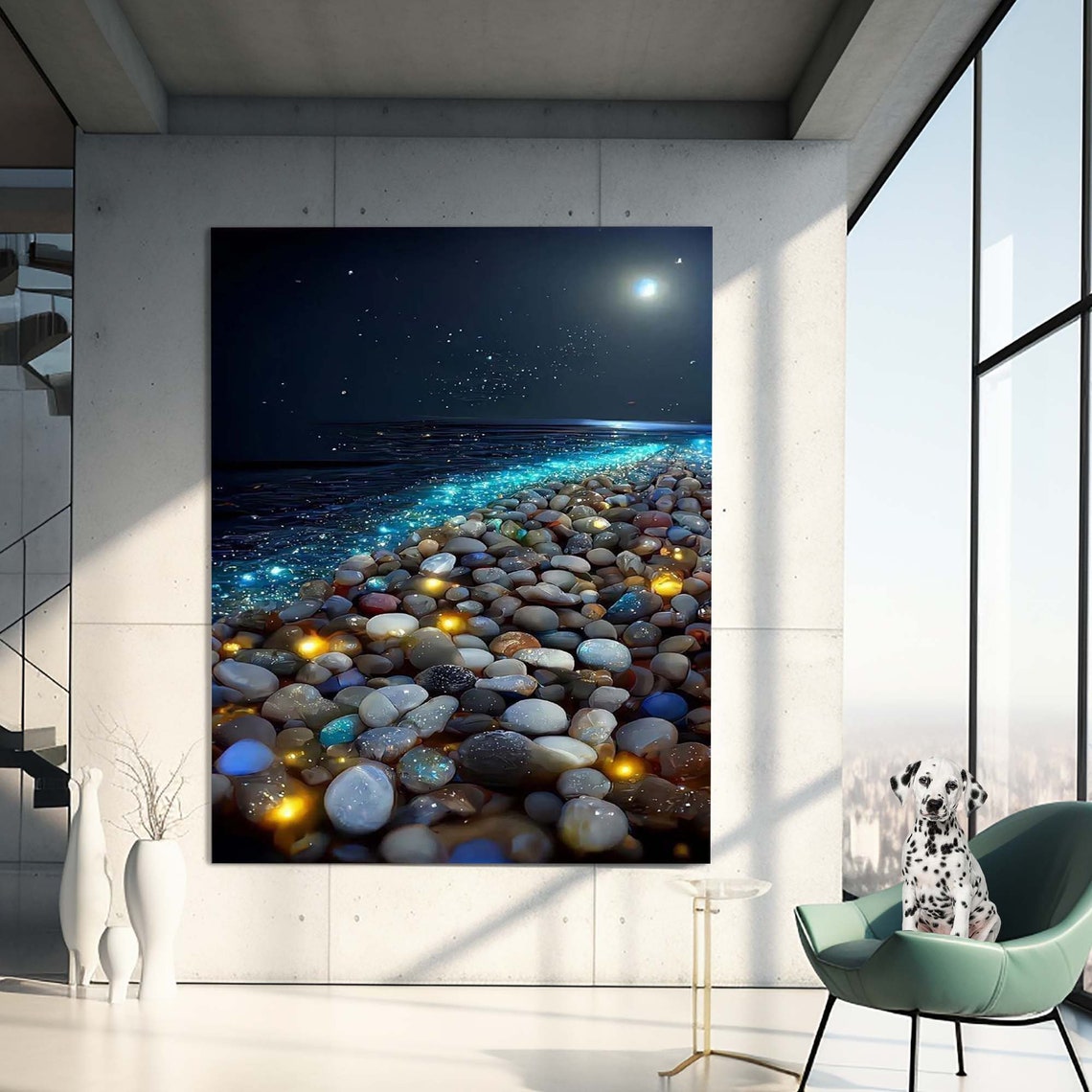 Pebble Beach at Night Glowing Colorful Stones Blue Ocean View Poster - Image 3