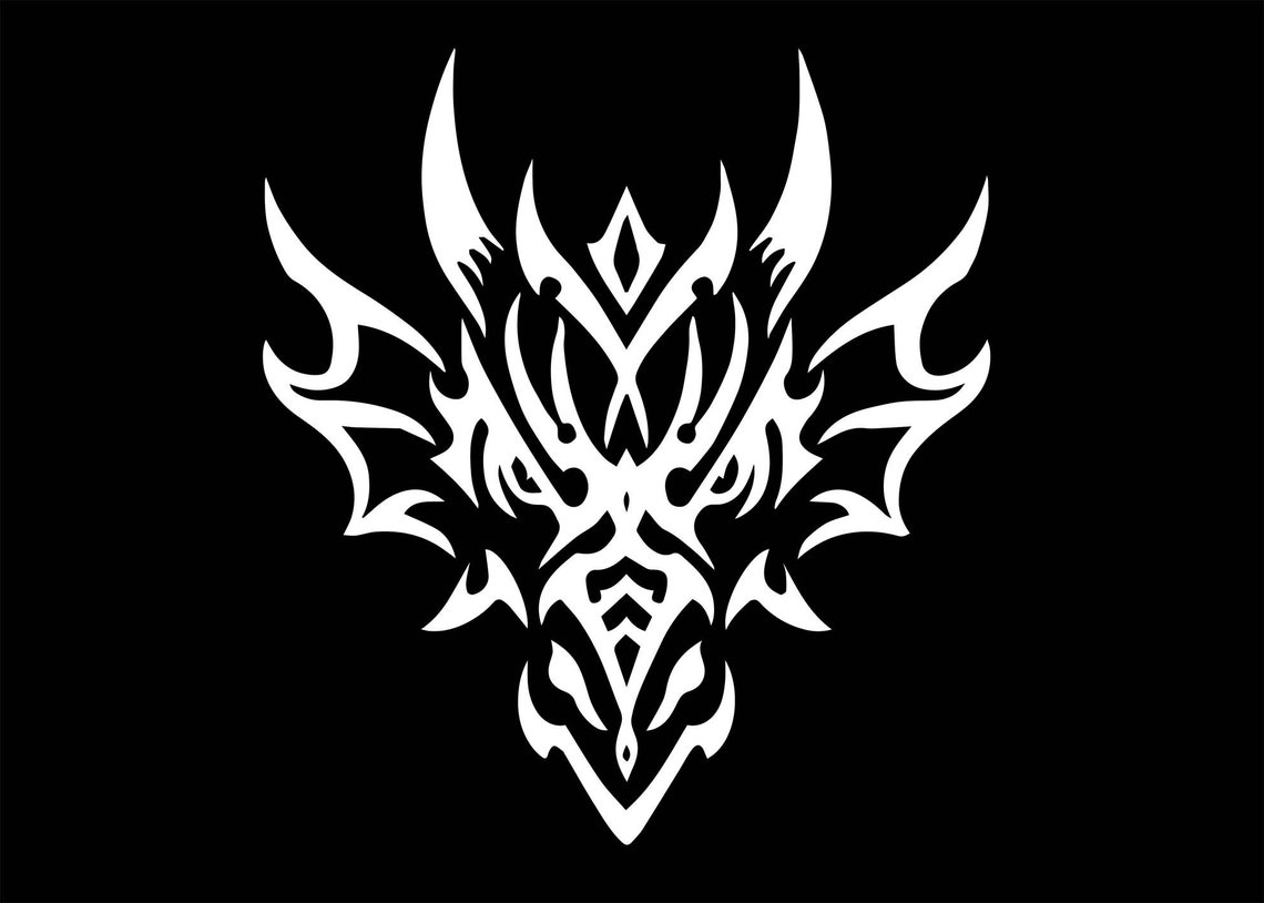 Black Tribal Dragon Head Fantasy Emblem White Ink Tapestry Wall Art - Image 3