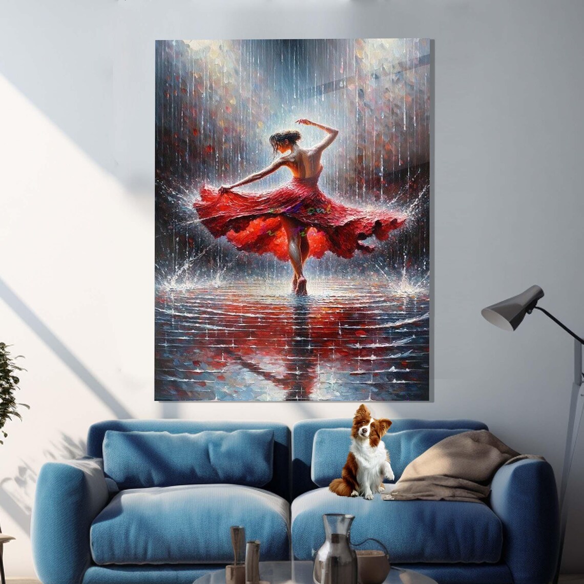 Ballerina In Red Dress Dancing In Rain Impressionist Painting Wall Art - Image 2