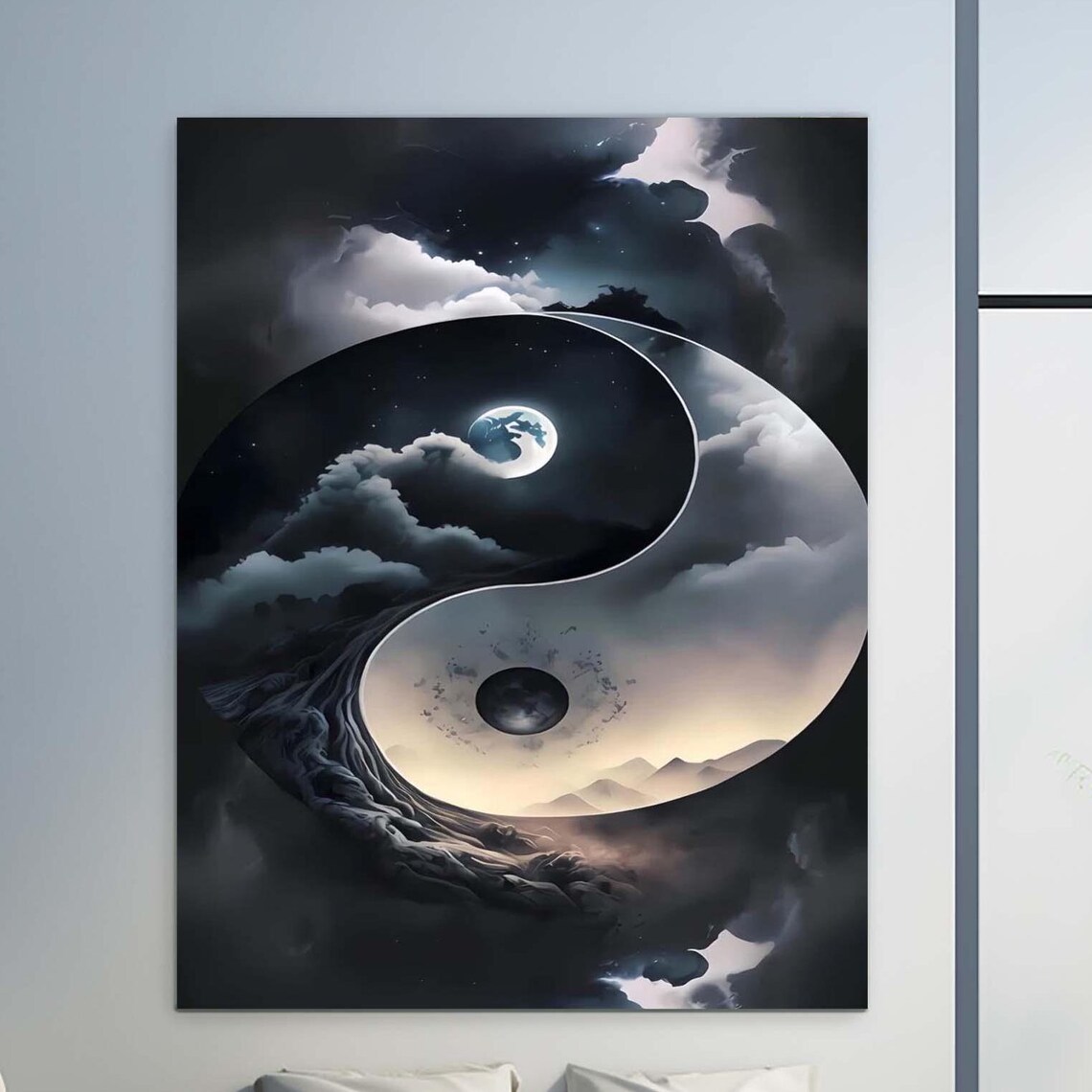Yin Yang Symbol Of Storm Clouds And Moon Night Sky Balance Wall Art