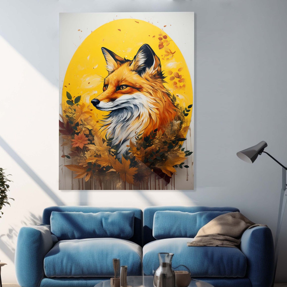 Red Fox Autumn Leaves Golden Sun Circle Woodland Portrait Wall Art